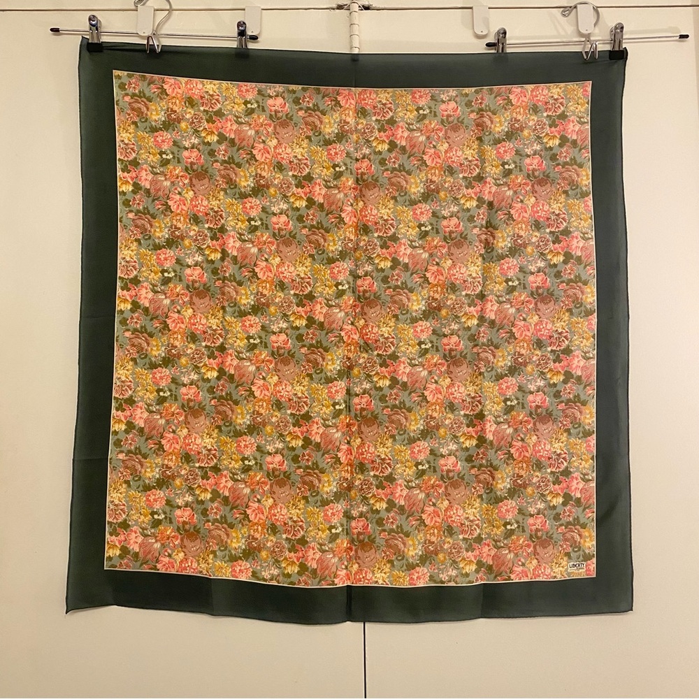 Liberty of London Floral Border Silk Scarf in Olive, Pink & Mustard 34”x34” - Picture 2 of 4
